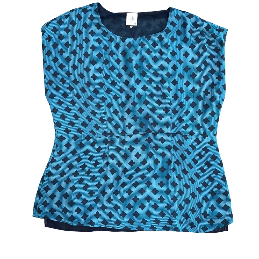 CAbi 3274 Peplum Foulard Top Pacific Blue Diamond Print Size M Office Wear
